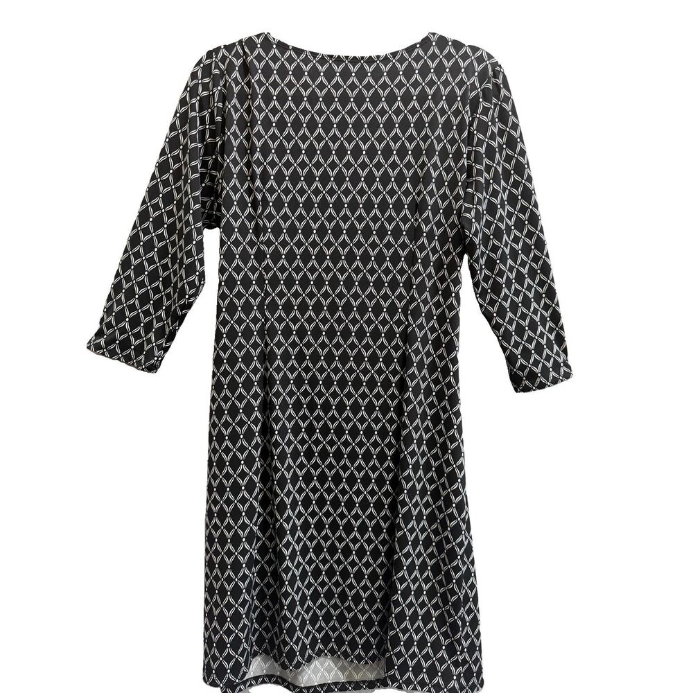 AA Studio Size 16 Black White Geometric Faux Wrap Dress 3/4 Sleeve Ruched - Picture 4 of 8